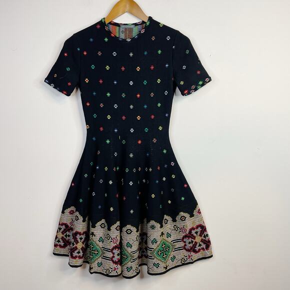 Alexander McQueen Dresses & Skirts - Alexander McQueen Silk Knit Intarsia Fit Flare Short Sleeve Sweater Dress S